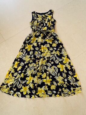 R&K Navy Blue Floral Maxi Dress with Yellow Accentst